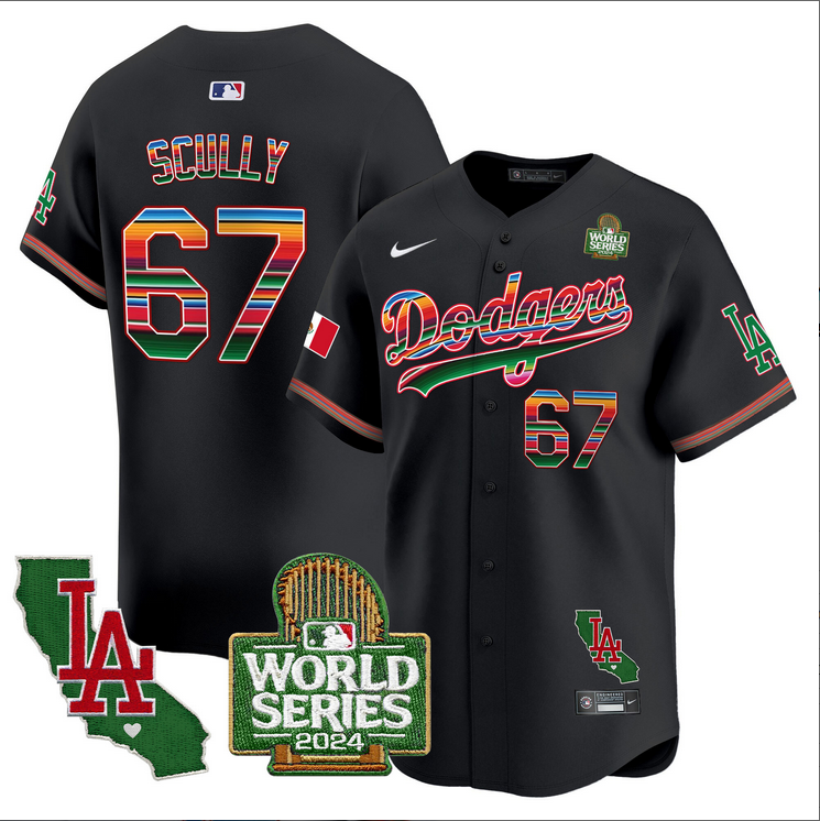 Men MLB Mexico Los Angeles Dodgers #67 Scully black 2024 World Series Champions Patch Jersey 2024110